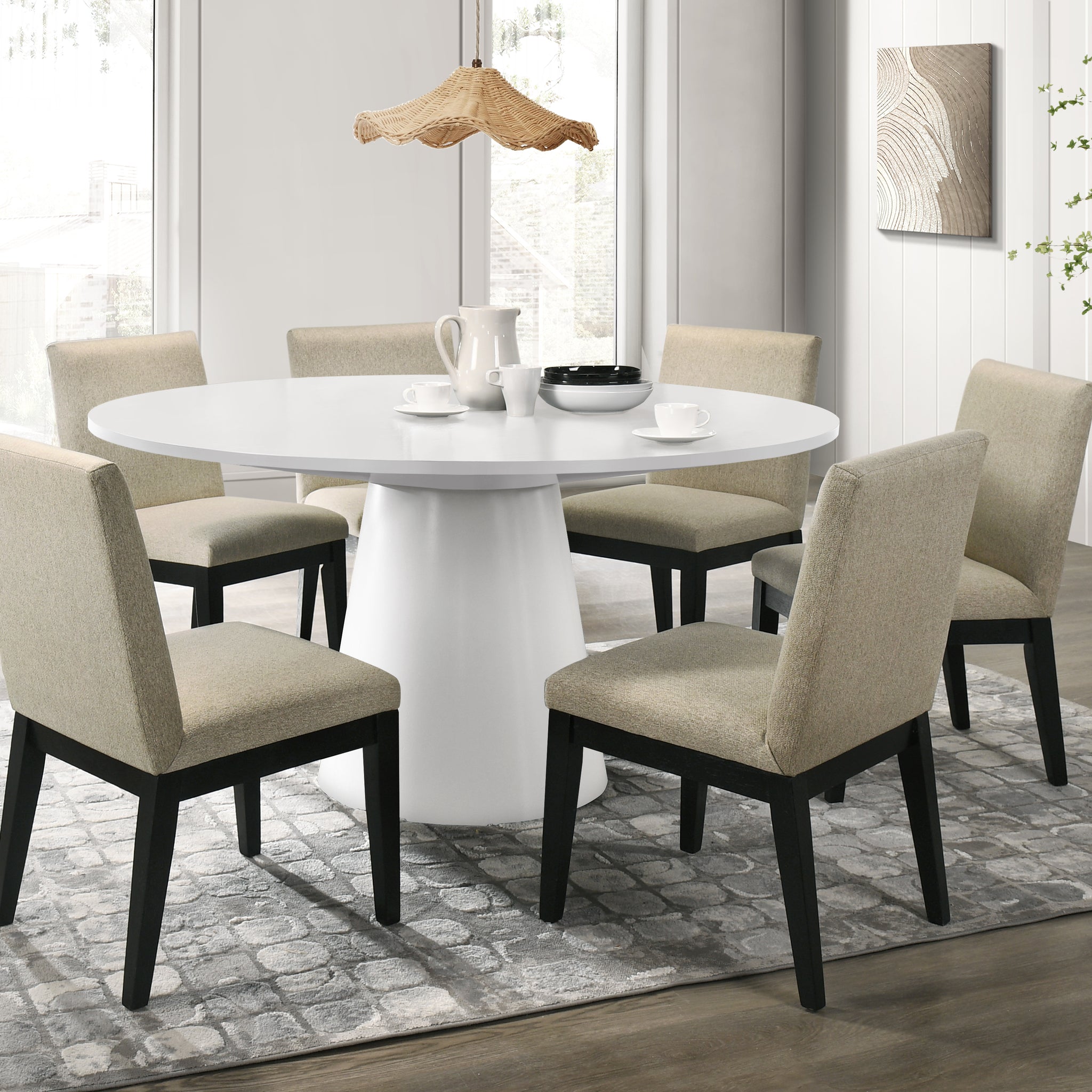 Jasper White 7 Piece 59"W Round Dining Table Set With Black Finish Chairs White Wood