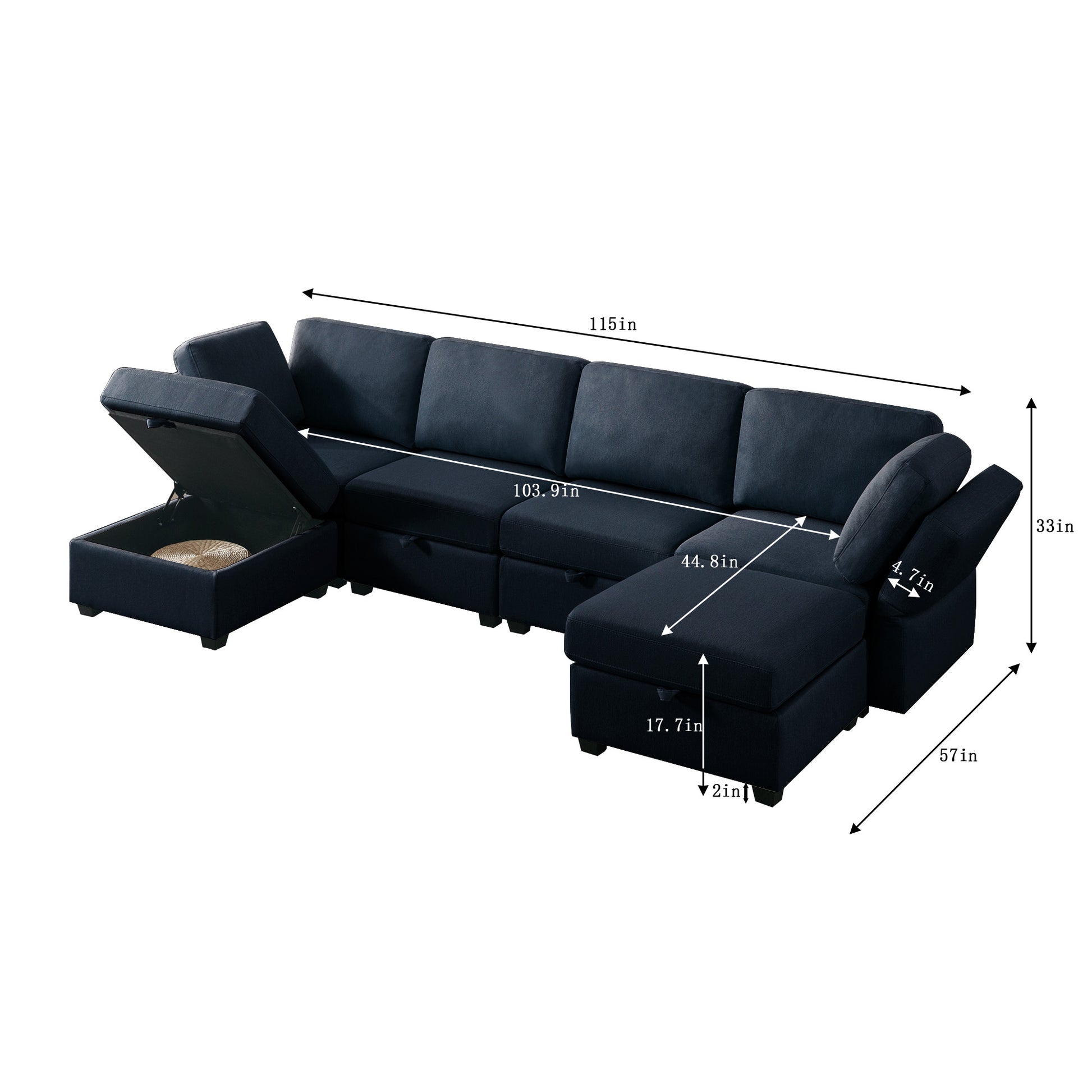 Adjustable Arms And Backs Modern U Shape Linen Couch Modular Sectional Sofa Couch With Storage Seat, Large Convertible Sofa With Reversible Chaise For Living Room Apartment Office, Blue Blue Polyester 4 Seat