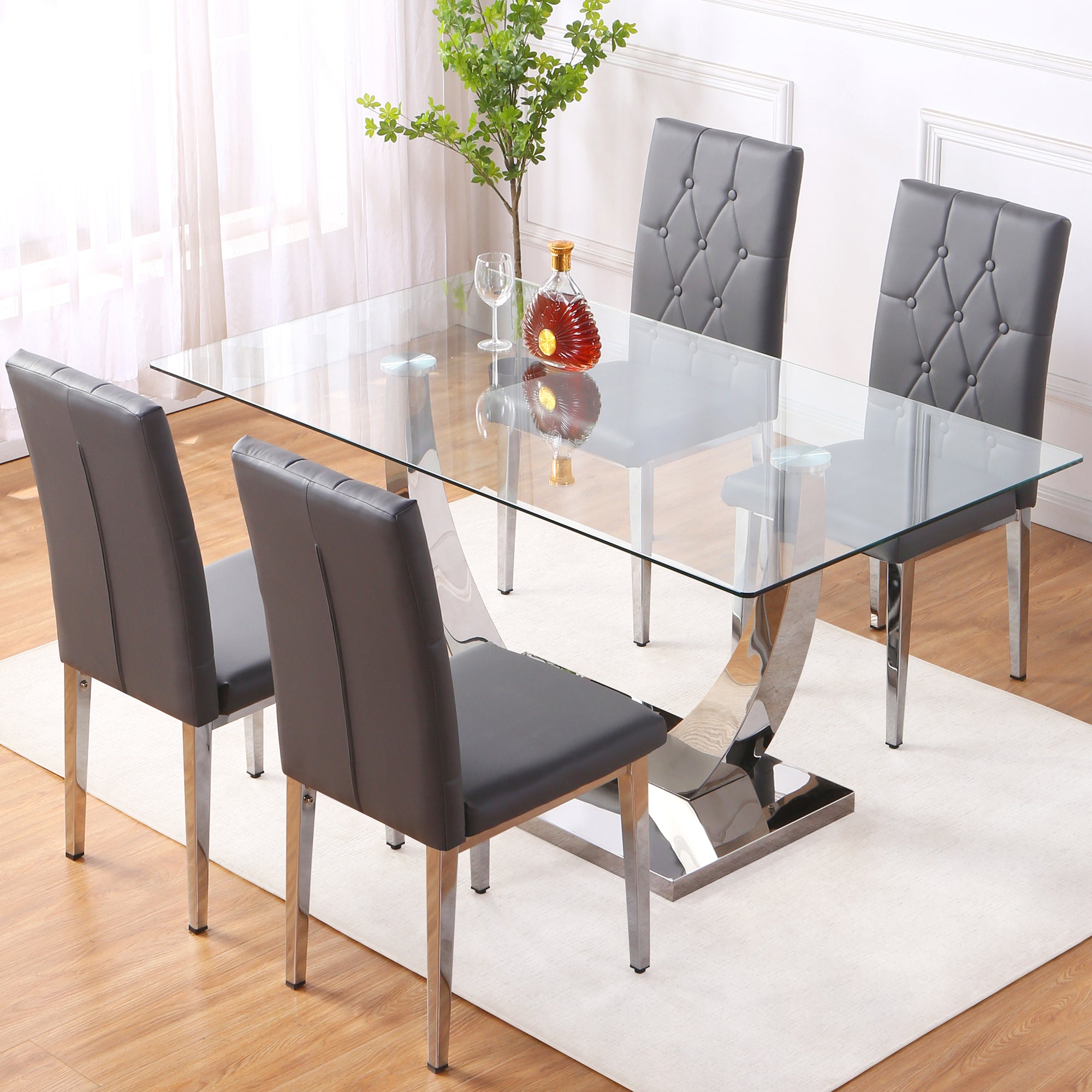 Table And Chair Set, Modern Dining Table, Tempered Glass Tabletop And Silver Colored Leg Table, Soft And Comfortable Dining Chair, Perfect For Dinner, Meetings, Home And Office Decor Gray Seats 4 Glass