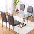 Table And Chair Set, Modern Dining Table, Tempered Glass Tabletop And Silver Colored Leg Table, Soft And Comfortable Dining Chair, Perfect For Dinner, Meetings, Home And Office Decor Gray Seats 4 Glass