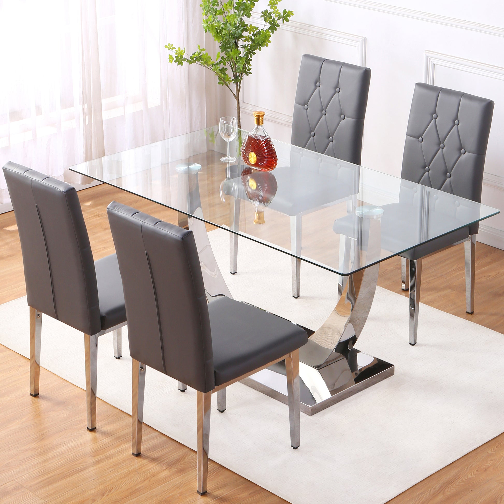 Table And Chair Set, Modern Dining Table, Tempered Glass Tabletop And Silver Colored Leg Table, Soft And Comfortable Dining Chair, Perfect For Dinner, Meetings, Home And Office Decor Gray Seats 4 Glass