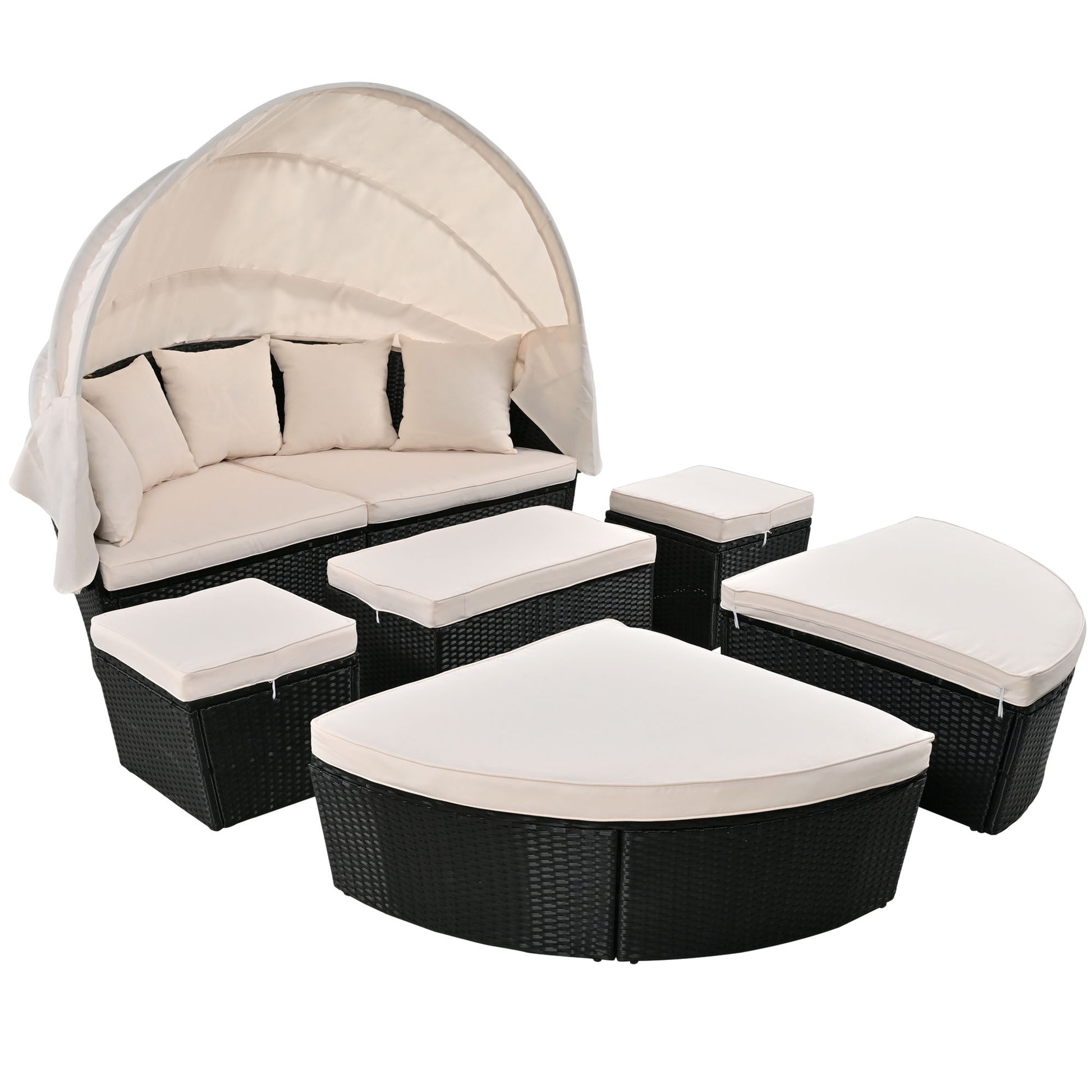 Outdoor Rattan Daybed Sunbed With Retractable Canopy Wicker Furniture, Round Outdoor Sectional Sofa Set, Black Wicker Furniture Clamshell Seating With Washable Cushions, Backyard, Porch, Beige Yes Beige Seats 8 Garden & Outdoor Foam Wicker