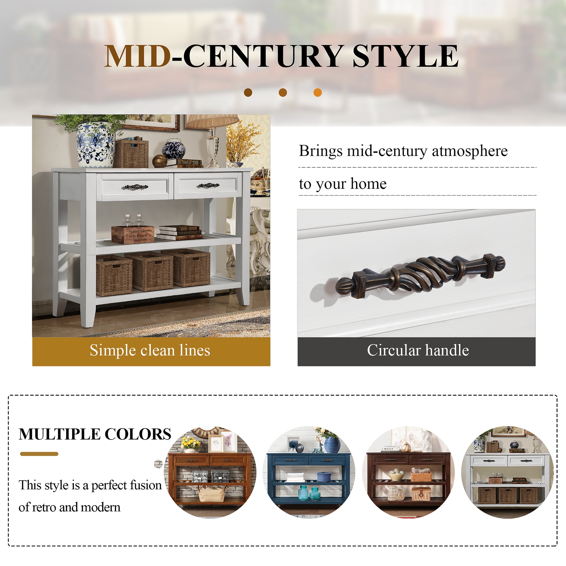 Console Sofa Table With 2 Storage Drawers And 2 Tiers Shelves, Mid Century Style 42'' Solid Wood Buffet Sideboard For Living Room Furniture Kitchen Dining Room Entryway Hallway, Antique White Antique White Pine