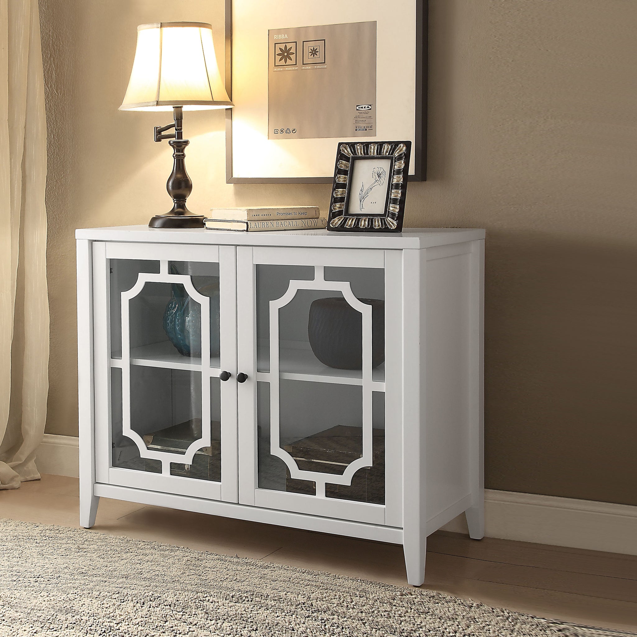 Ceara White Finish Console Cabinet White Glass,Mdf
