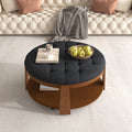 Modern Large Round Ottoman Coffee Table 2 Tier Oversized Button Tufted Ottoman With Wood Shelf Storage Upholstered Coffee Table For Living Room Footrest Ottoman With Wheel, Waterproof Linen Black Brown Rubber Wood