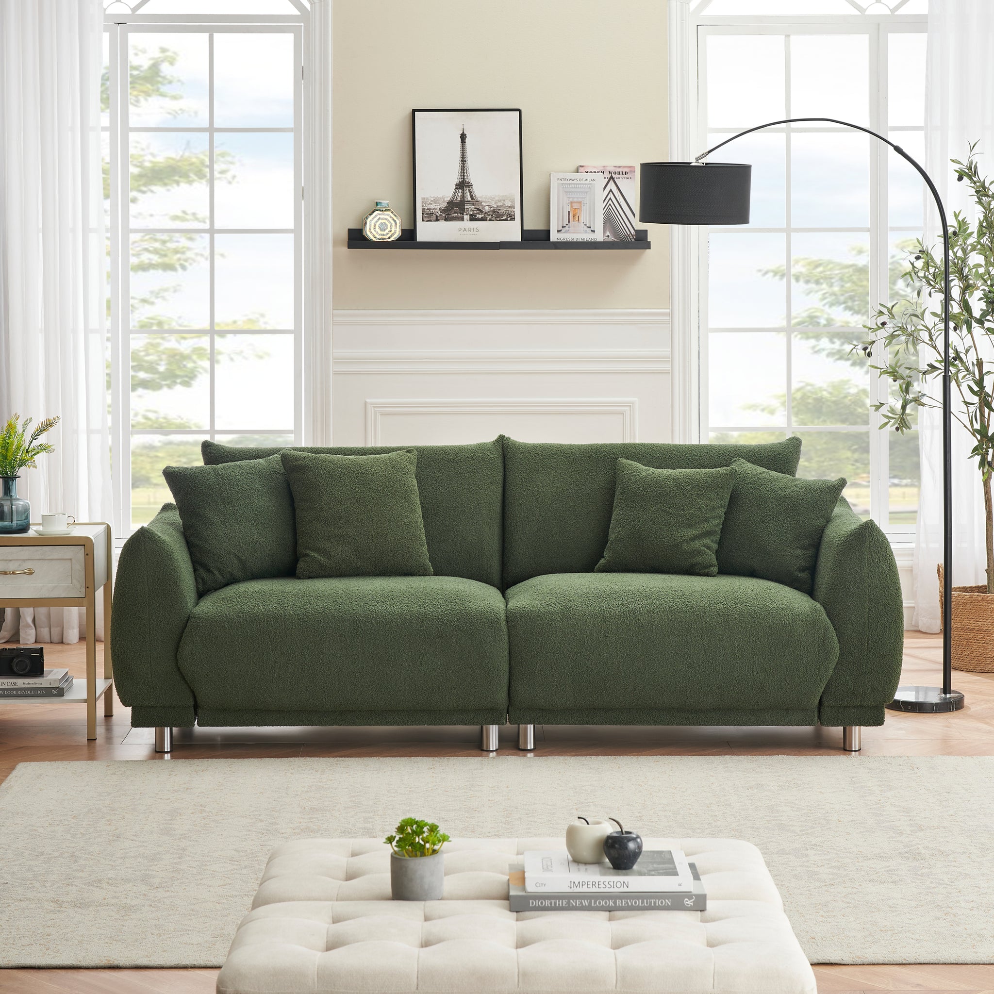 An 86.6 Inch Teddy Wool Black Sofa With Four Throw Pillows And Hardware Feet Makes It Comfortable To Sit In An Apartment Bedroom Without Taking Up Space Green Fabric 2 Seat