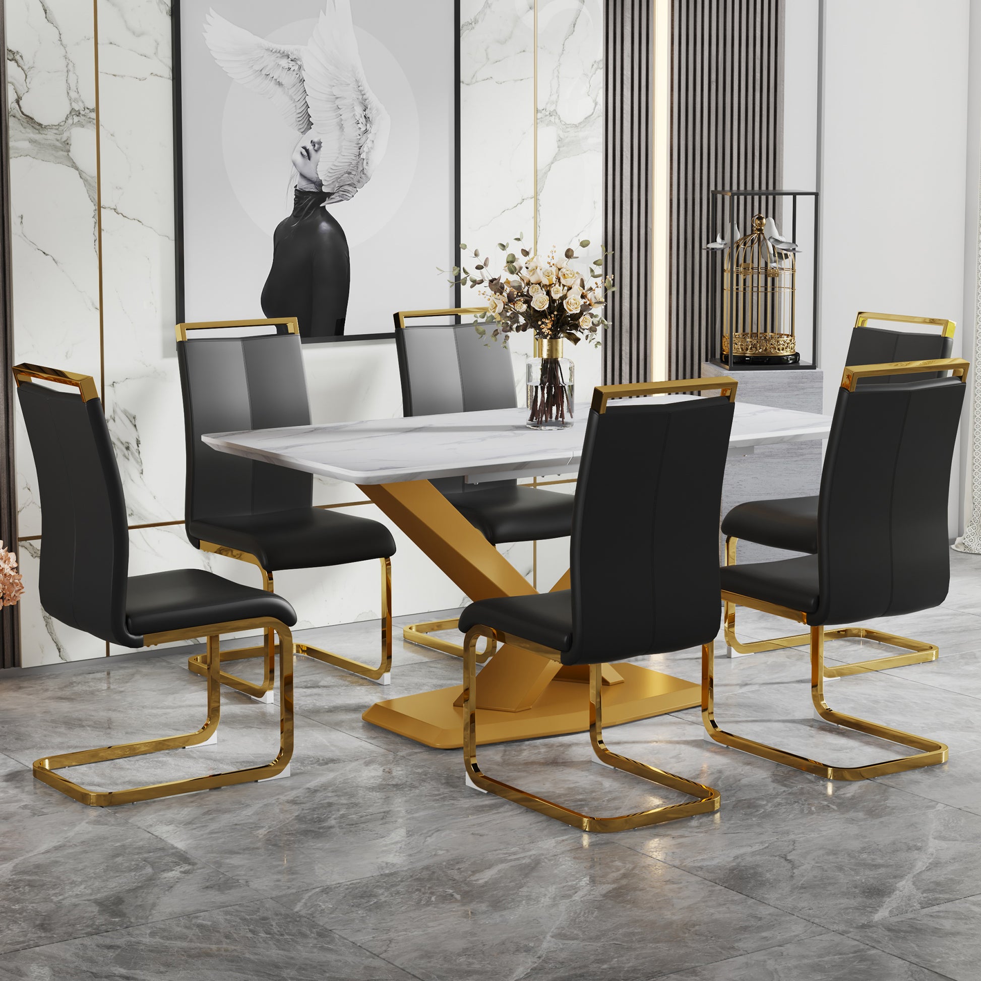 Table And Chair Set, The Table Is Equipped With A Marble Patterned Mdf Tabletop And Gold Table Legs.The Chair Is Equipped With Pu Synthetic Leather High Back Cushion And Gold Coated Metal Legs. Gold Black Seats 6 Mdf Metal