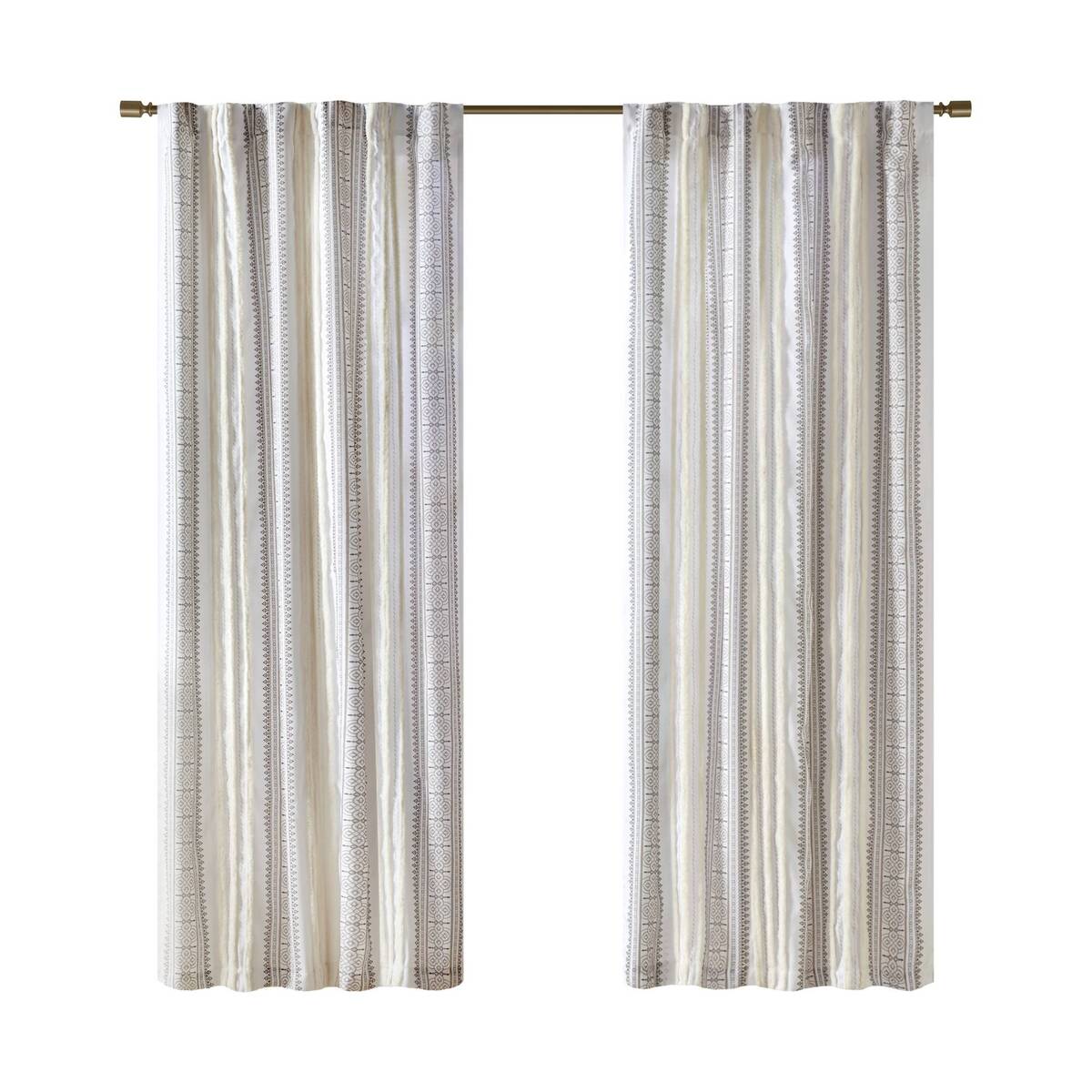 Poly Printed Curtain Panel With Tufted Stripe And Lining White Brown 50X95" Multicolor Polyester