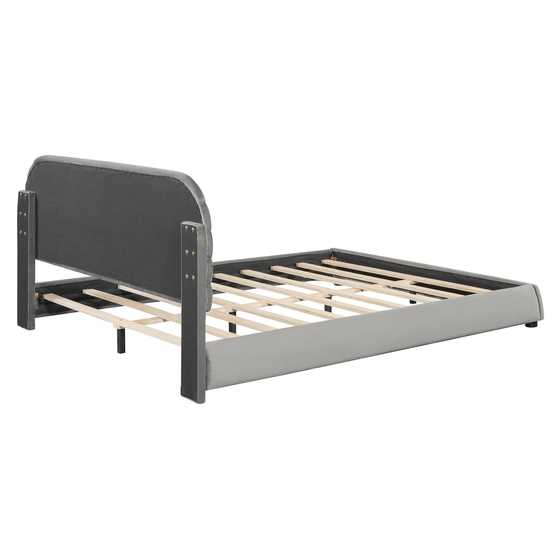 Queen Size Velvet Upholstered Platform Bed,Solid Frame And Stylish Curve Shaped Design, Gray Queen Gray Velvet