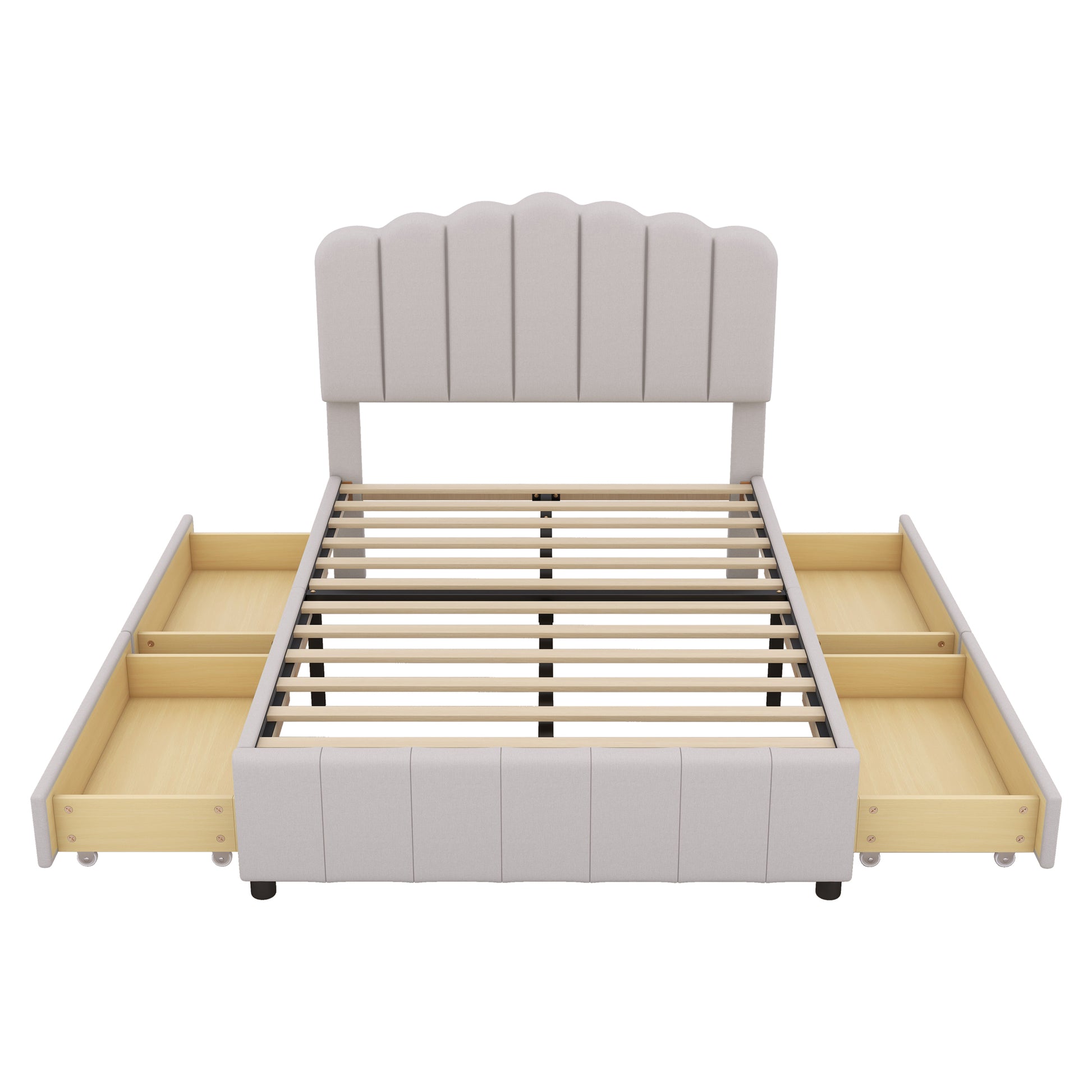 Full Size Upholstered Bed With 4 Storage Drawers,Wood Slat Support, Beige Full Beige Upholstered