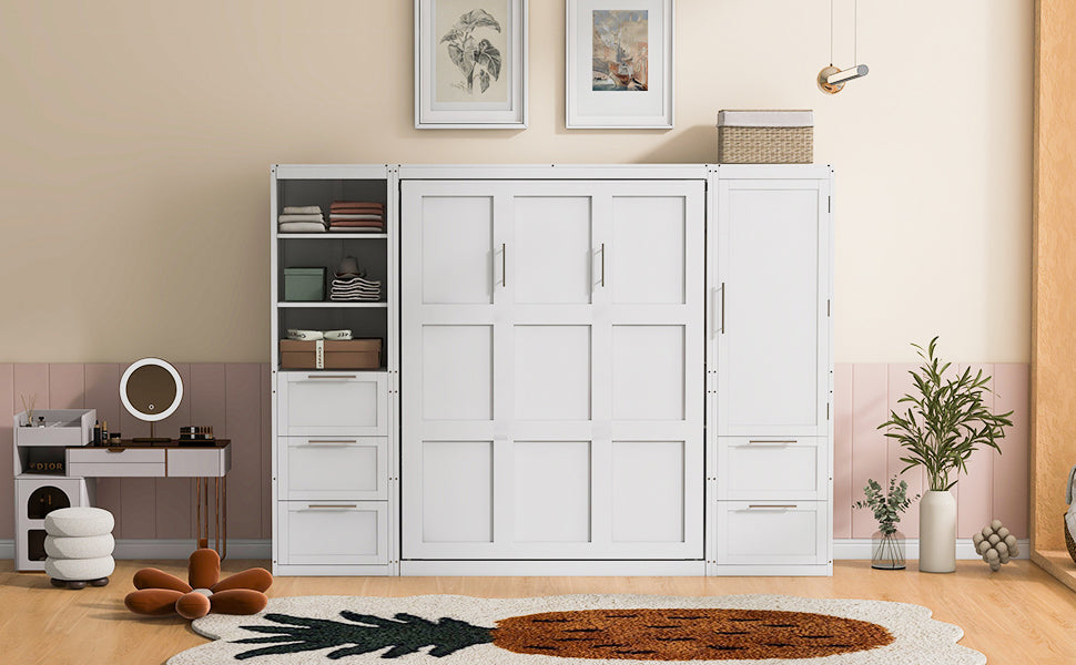 Queen Size Murphy Bed Wall Bed With Closet ,Drawers And Shelves,White Queen White Mdf Lvl