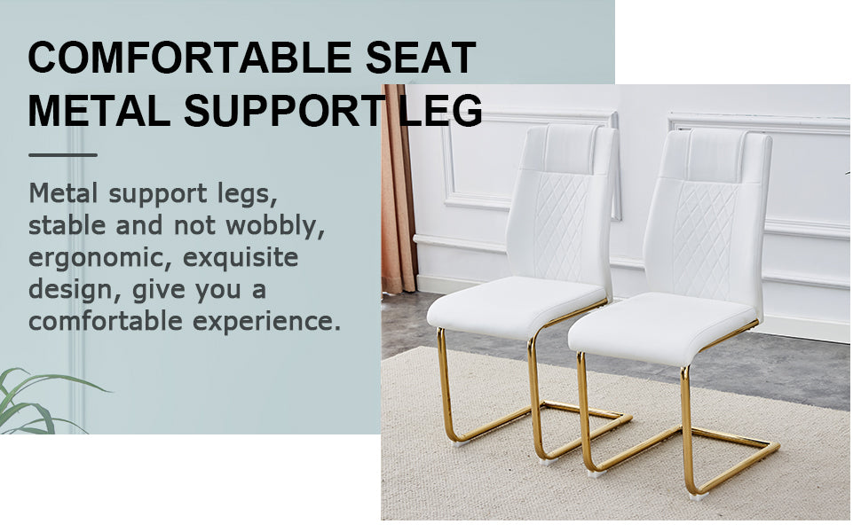 Table And Chair Set.The Table Has A Glass Tabletop With Imitation Marble Pattern Stickers And Stainless Steel Golden Table Legs. Paried With Comfortable Chairs With Pu Seats And Metal Legs. White Gold Seats 6 Glass Metal