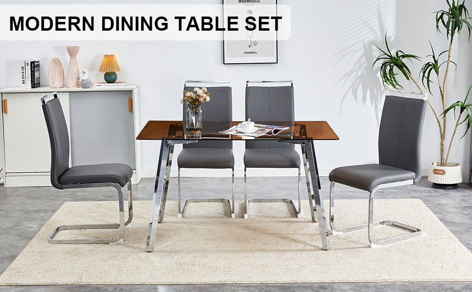 1 Table And 4 Chairs, Brown Tempered Glass Tabletop And Silver Metal Legs, Modern Minimalist Style Rectangular Glass Dining Table, Paired With 4 Modern Silver Metal Leg Chairs. 1123C 1162 Brown Seats 4 Glass