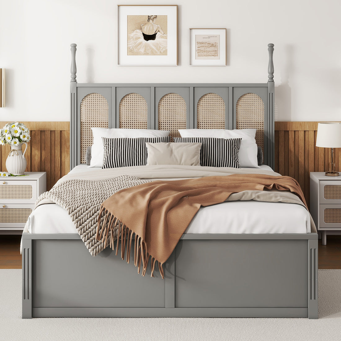 Queen Size Rattan Platform Bed With With 2 Big Drawers, T Size Trundle, Gray Queen Gray Plywood