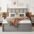 Queen Size Rattan Platform Bed With With 2 Big Drawers, T Size Trundle, Gray Queen Gray Plywood