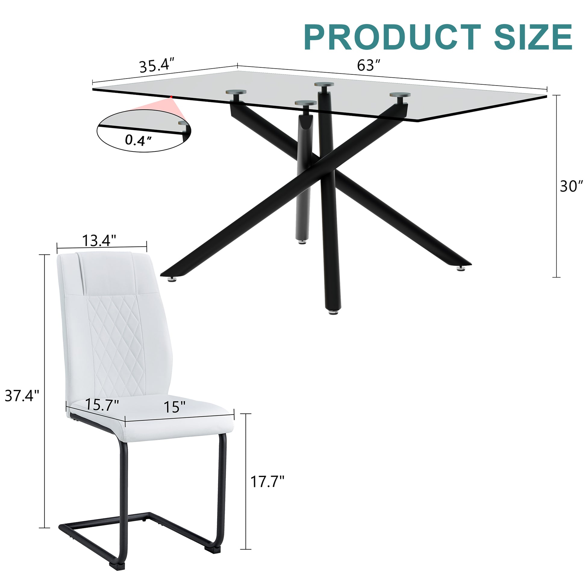 Table And Chair Set.Modern Rectangular Glass Dining Table With 0.39" Tempered Glass Tabletop And Black Metal Legs.Paired With Multiple Chairs Designed With Pu Cushions And Black Metal Legs. White Black Seats 6 Tempered Glass