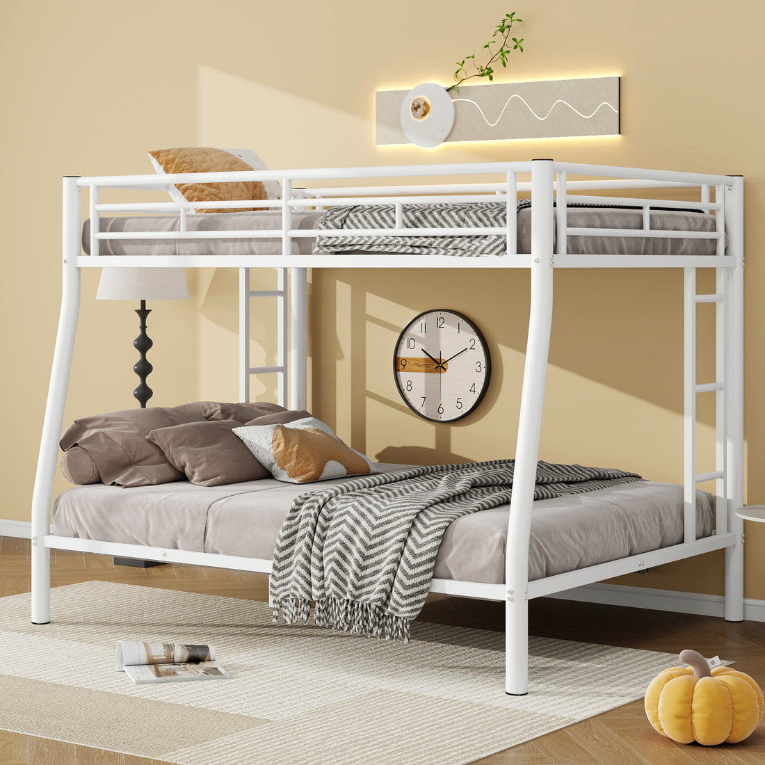 Full Xl Over Queen Metal Bunk Bed With Ladder And Guardrails, White Box Spring Not Required Full Xl White Metal Metal