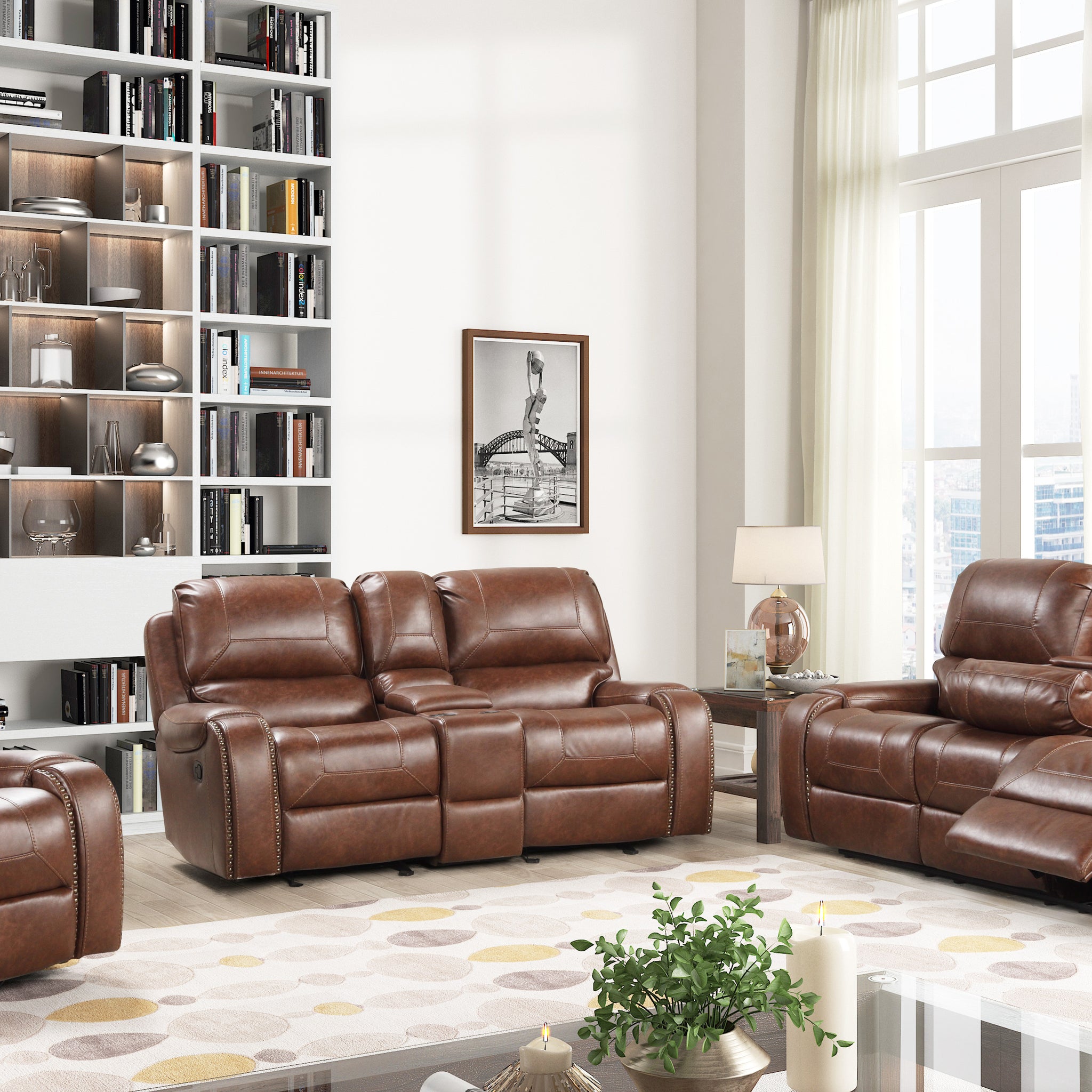 Achern Brown Leather Air Manual Reclining 3 Piece Sofa Set Brown Espresso Wood Primary Living Space Medium Firm Cushion Back Traditional Pillow Top Arms Faux Leather 6 Seat