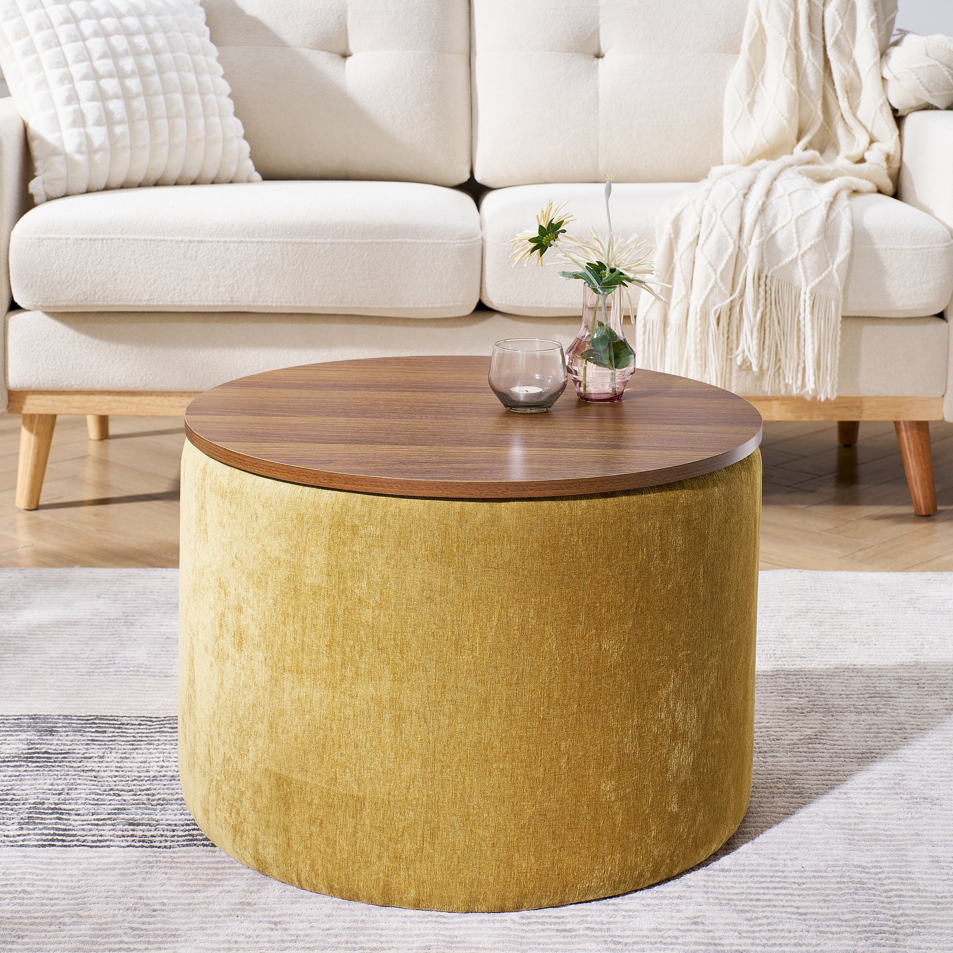 2 Piece Set Round Chenille Storage Ottoman, Equipped With A Drum Shaped Small Stool, Storage Space, And Mdf Made Desktop Panel Dark Yellow 23.62"X23.62"X16.53" Dark Yellow Chenille