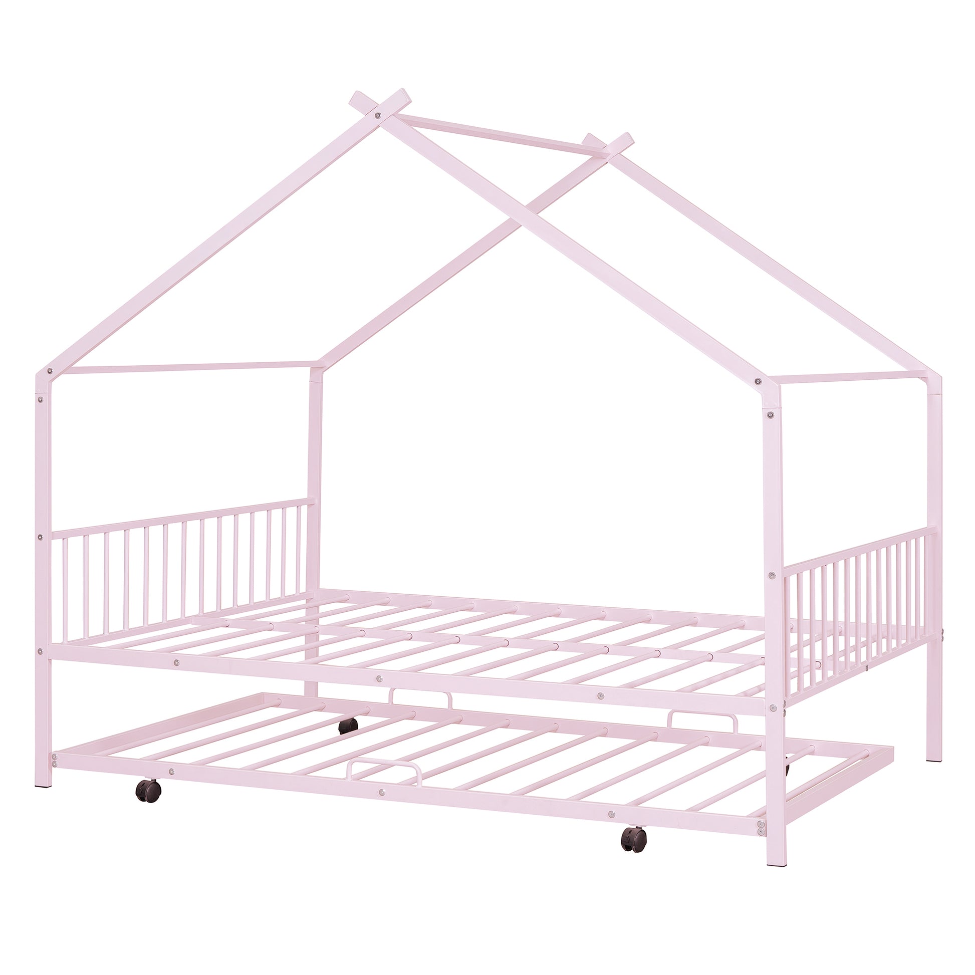 Full Size Metal House Bed With Twin Size Trundle, Pink Full Pink Metal