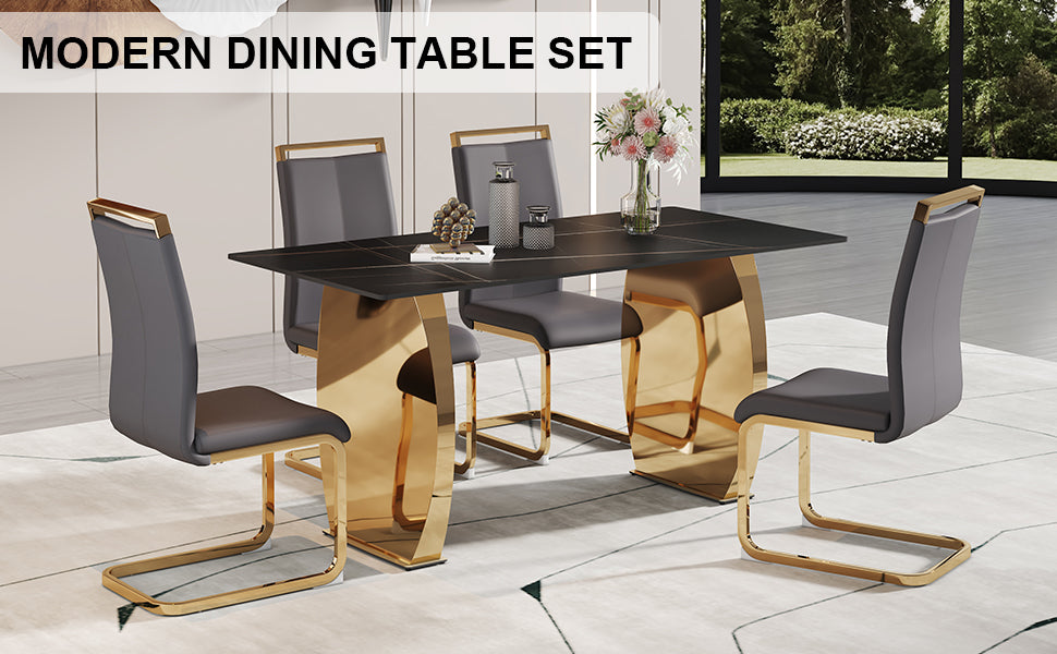 Table And Chair Set,Modern Rectangular Table With 0.4 Inch Black Patterned Tabletop And Gold Legs, Suitable For Kitchen, Dining Room, And Living Roomcomfortable Pu Seats,Perfect For Dinner, Meet Grey Black Seats 4 Sintered Stone