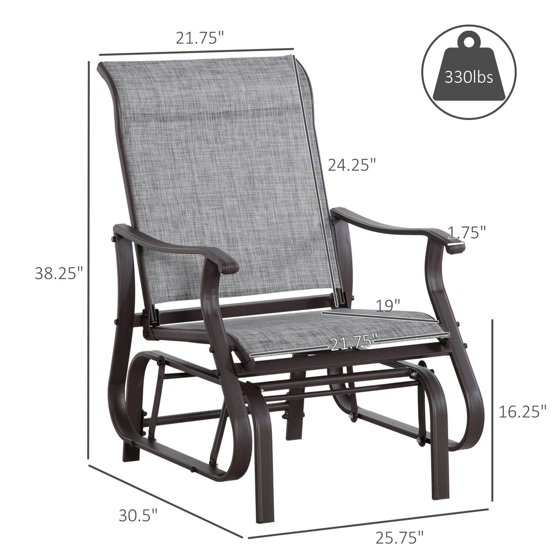 Outsunny Outdoor Glider Chair, Gliders For Outside Patio With Steel Frame And Mesh Fabric For Backyard, Garden, And Porch, Gray Grey Mesh