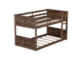 Twin Over Twin Floor Bunk Bed With Panelled Headboard And Footboard, Solid Rubber Wood Foundation With Safety Guardrails, Built In Ladder,Antique Oak Twin Antique Dark Oak Rubber Wood