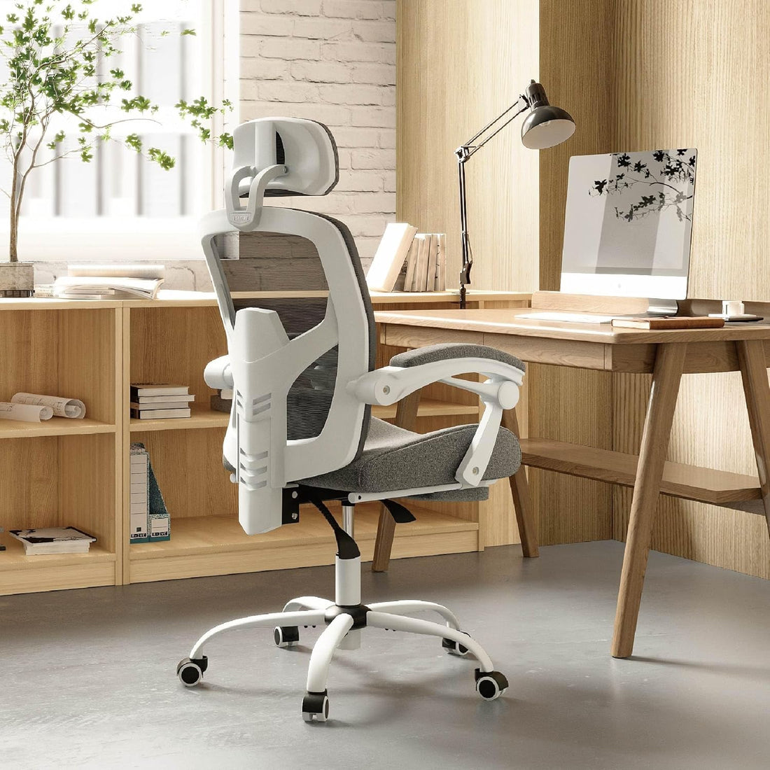 Retractable Footrest Ergonomic Swivel Office Chair With Lumbar Support Pillow And Padded Armrests, Grey Grey Metal