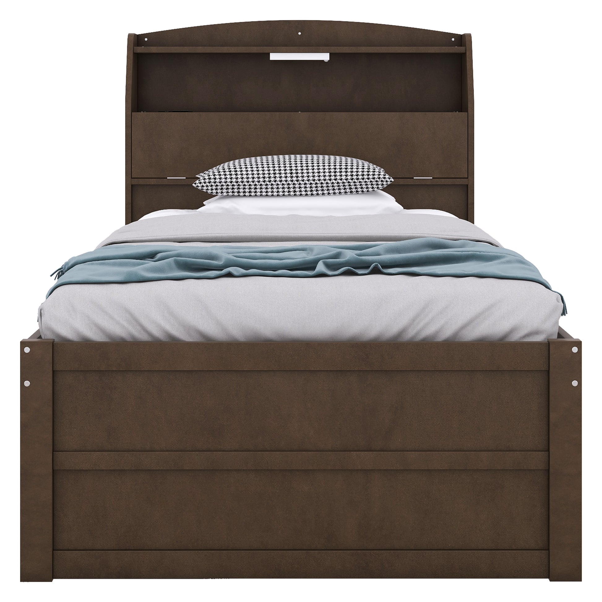 Twin Size Wooden Led Platform Bed With Trundle, With Storage Headboard, With Drawers, Brown Twin Brown Plywood