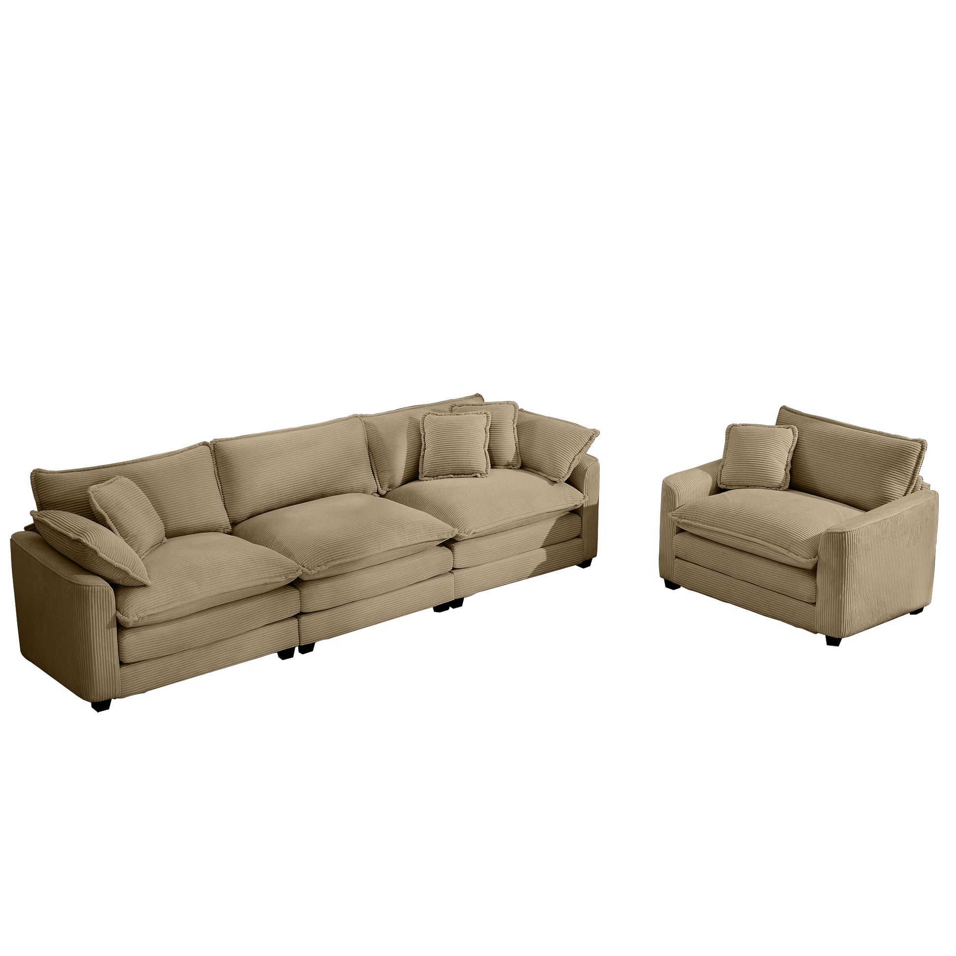 Mid Century Modern Sectional Set Of Two, One 3 Seater Sectional And One Single Seater Sectional With 2 Arm Pillows And 4 Throw Pillows, Living Room Sectional Tan Corduroy Fabric Tan Corduroy 4 Seat