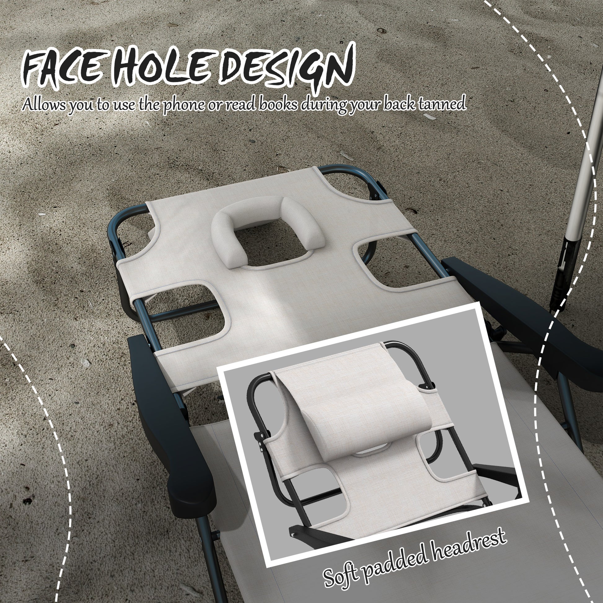 Outsunny Tanning Chaise Lounge Chair, 4 Position Beach Chair With Face & Arm Holes, Pillow Headrest, Adjustable Sunbathing Chair, Cream White Cream White Steel