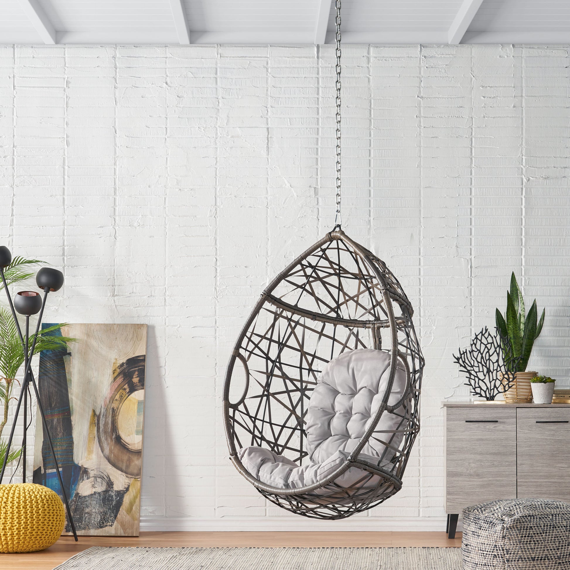 Los Alamitos Hanging Chair With 8Ft Chain Grey Pe Rattan Iron Waterproof Fabric