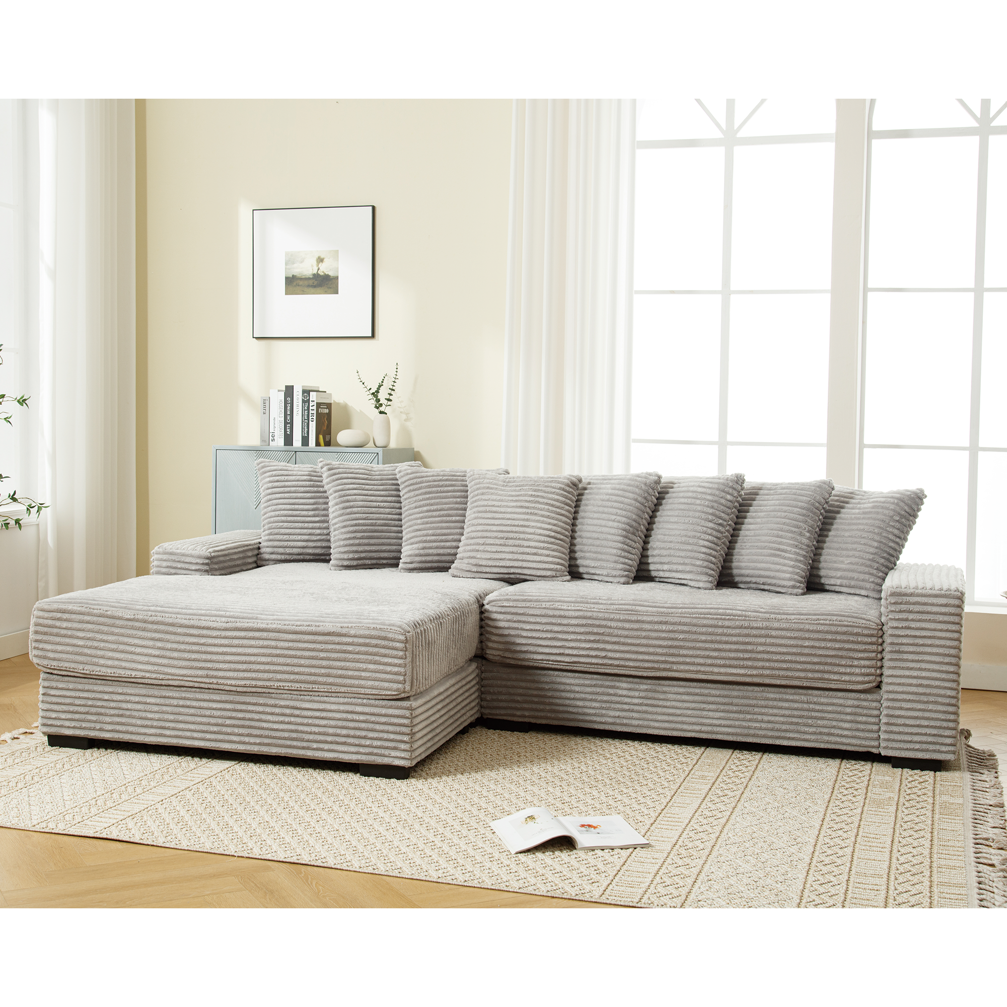 Arrived Oversized Two Piece Couches, L Shaped Sofa, Corduroy, Left Chaise Daybed,With Armrests,Eight Throw Pillows,Corner Sofa,Easy To Assemble, Gray Gray Polyester Wood Primary Living Space Medium Soft Pillow Back Modern Square Arms Wood 3 Seat