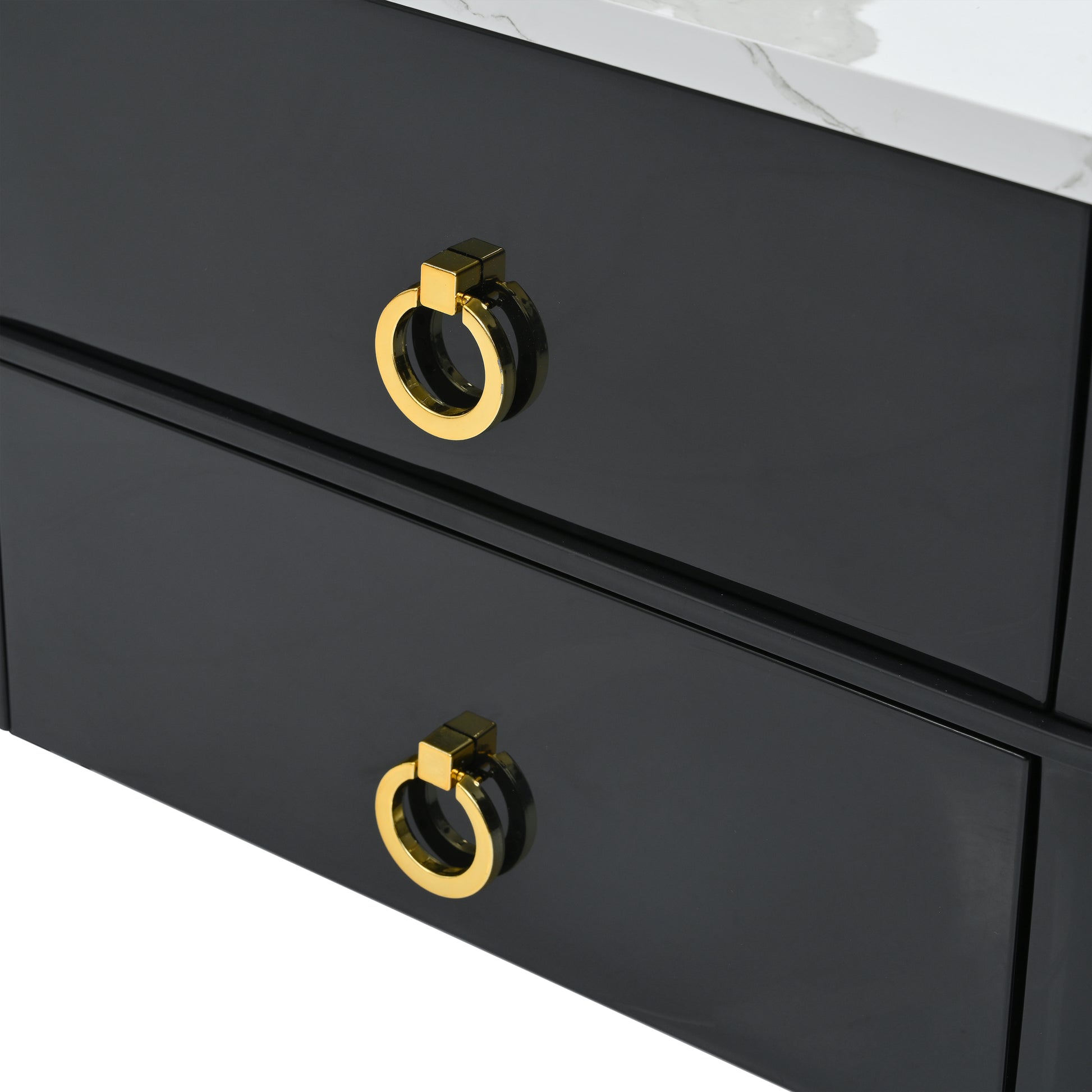 2 In 1 Square Nesting Coffee Table With Wheels & Drawers, Stackable Side Table With High Gloss Marble Grain Top, End Table Set With Brown Tempered Glass For Living Room, Black Black Gold Primary Living Space Drawers Square Mdf Steel