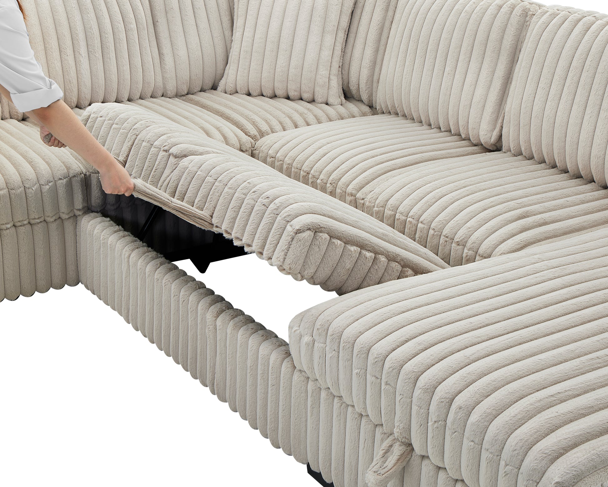 122 Inch Pull Out Couch, Rabbit Plush Fabric Sofa Bed With Usb Ports & Comfy Upholstered, Oversized U Shape Sectional Sleeper Sofa Bed With Storage Chaise, Khaki Light Brown Wood Primary Living Space Medium Duty Eucalyptus 6 Seat Khaki Polyester Soft