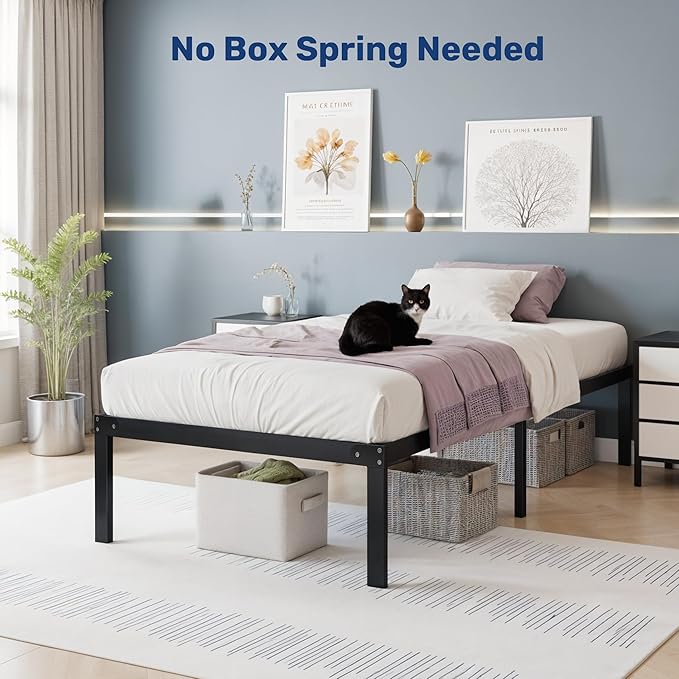 Twin Size Bed Frame, 14 Inch Platform Bed No Box Spring Needed, Sturdy Metal Bed Frame Twin Size, Storage Space Under The Bed Heavy Duty Frame Bed, Black Black Metal