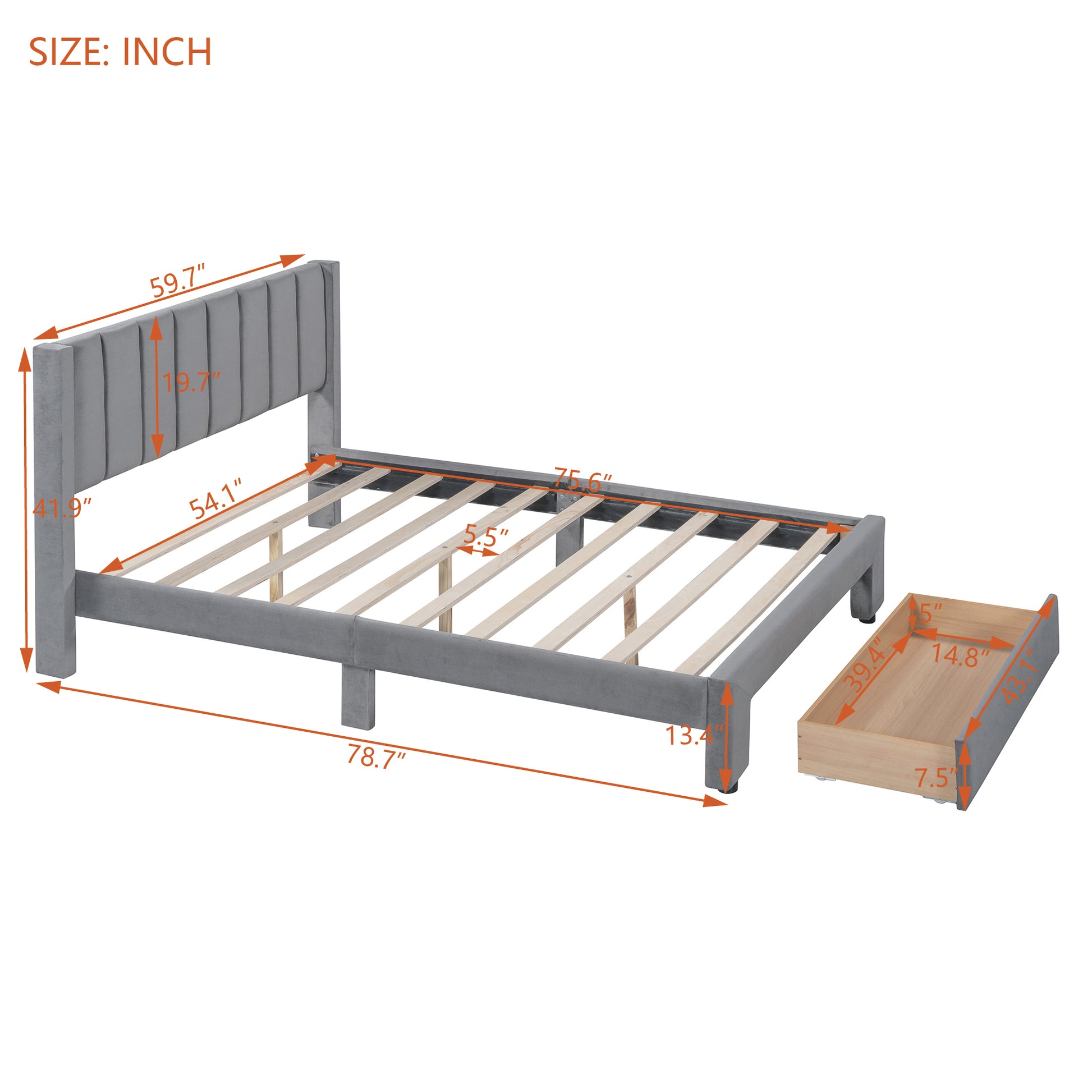 Full Size Storage Bed Velvet Upholstered Platform Bed With A Big Drawer Gray Old Sku:Wf296850Aae Full Gray Velvet