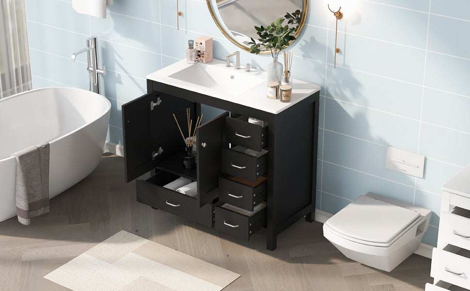 36" Black Bathroom Vanity With Ceramic Sink Combo, Abundant Storage Cabinet 2 Soft Close Doors And 5 Drawers Black Bathroom Solid Wood Mdf