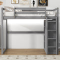 Wood Full Size Loft Bed With Built In Wardrobe And Storage Shelves, Led Light, Gray Box Spring Not Required Full Gray Wood Bedroom Bed Frame Solid Wood Mdf