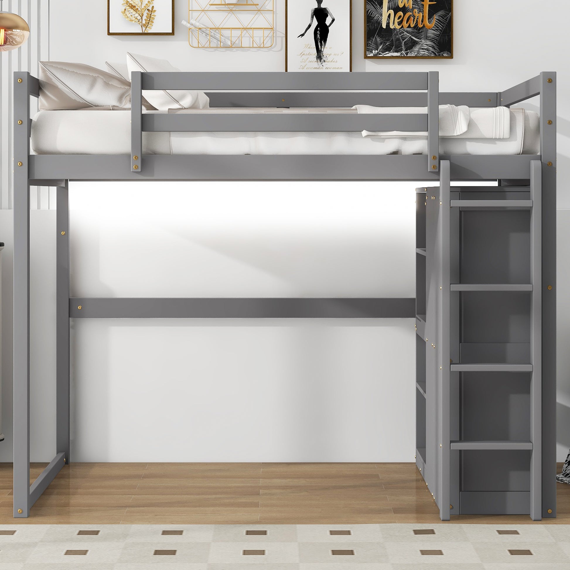 Wood Full Size Loft Bed With Built In Wardrobe And Storage Shelves, Led Light, Gray Box Spring Not Required Full Gray Wood Bedroom Bed Frame Solid Wood Mdf