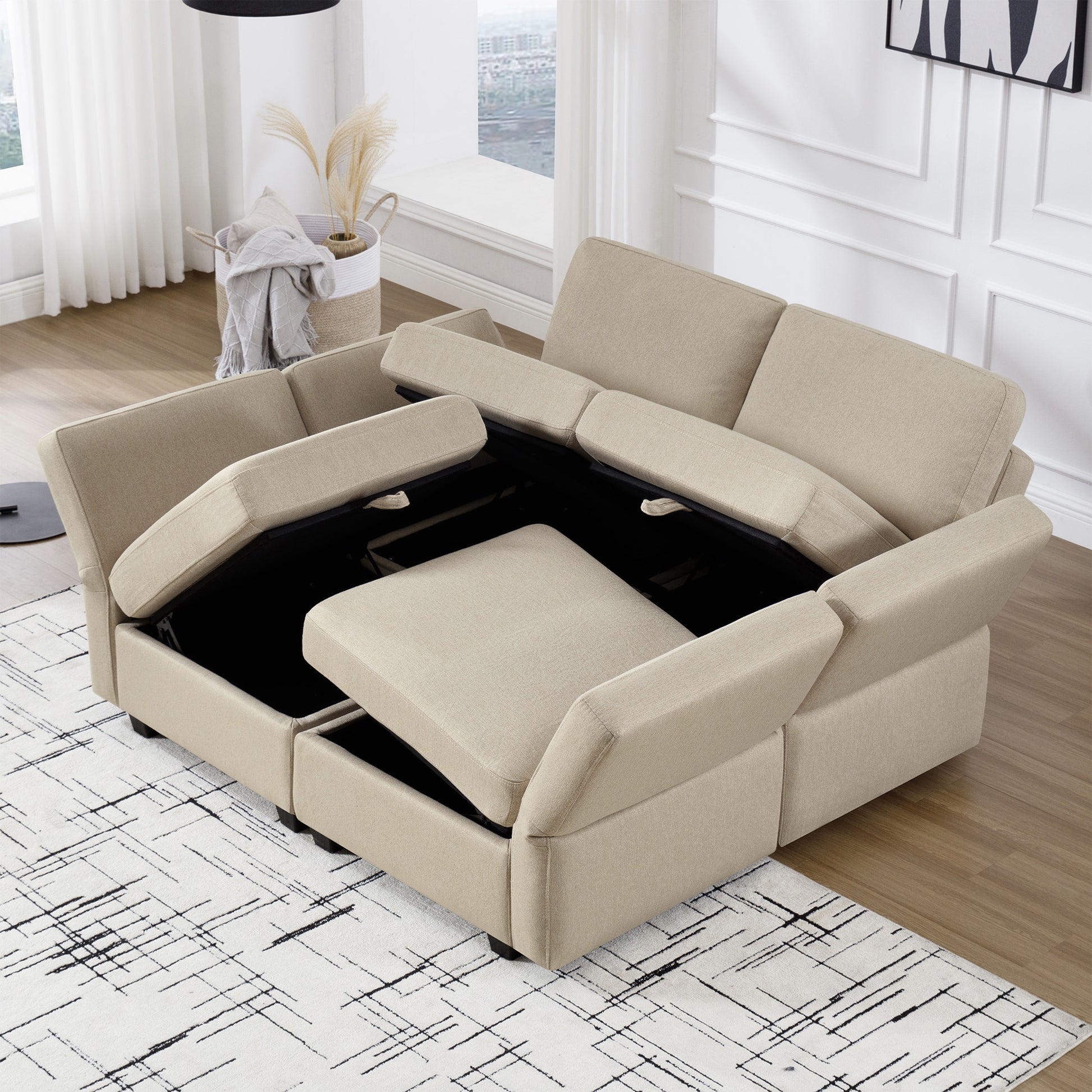 4 Seat Sofa Bed Upholstered Sofa Sleeper, Space Saving Sof Bed2 Seat Sofa With Storage Space Under Seatsall Arms And Backs Adjustabled For Ultimate Comfort Seating Beige Beige Polyester 4 Seat
