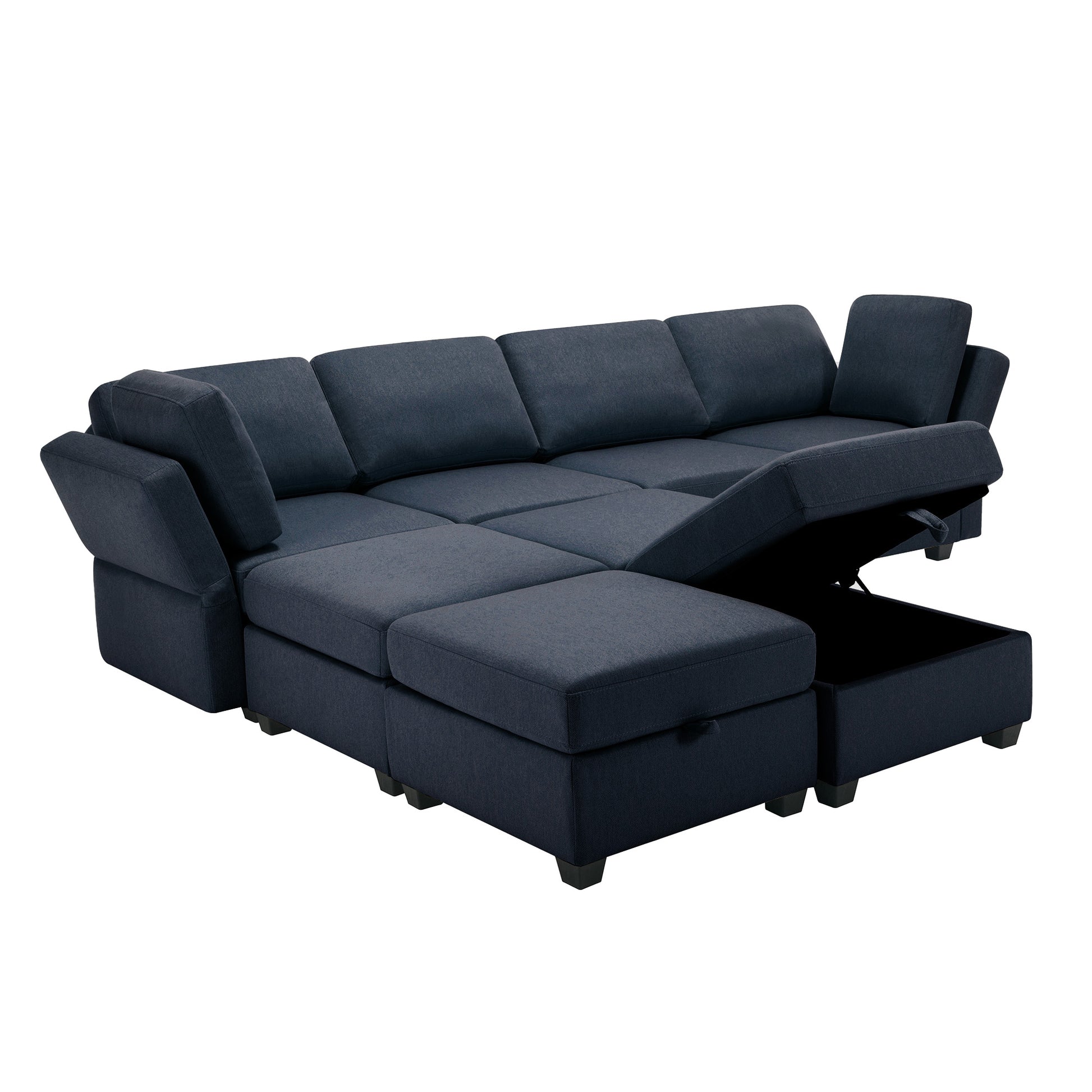 Modular Convertible U Shaped Sectional Sofa Couch With Storage Ottoman Corner Couch For Living Room, Adjustable Arms And Backs Blue Blue Polyester 4 Seat