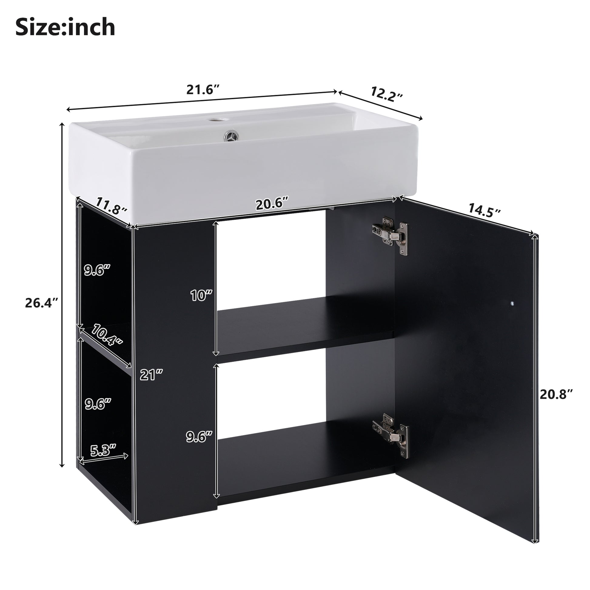 Video 21.6 Inch Modern Floating Bathroom Vanity With Ceramic Basin Perfect For Small Bathrooms, Left Side Storage Black Bathroom Ceramic Mdf