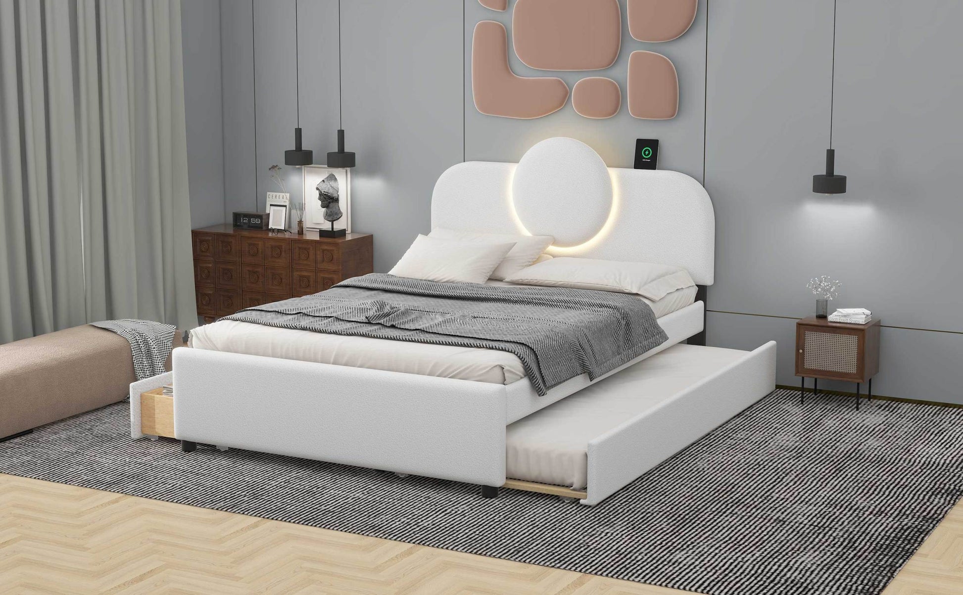 Full Size Upholstered Platform Bed With Multi Functional Headboard, Trundle And 2 Drawers, White Box Spring Not Required Full White Wood Bedroom Upholstered