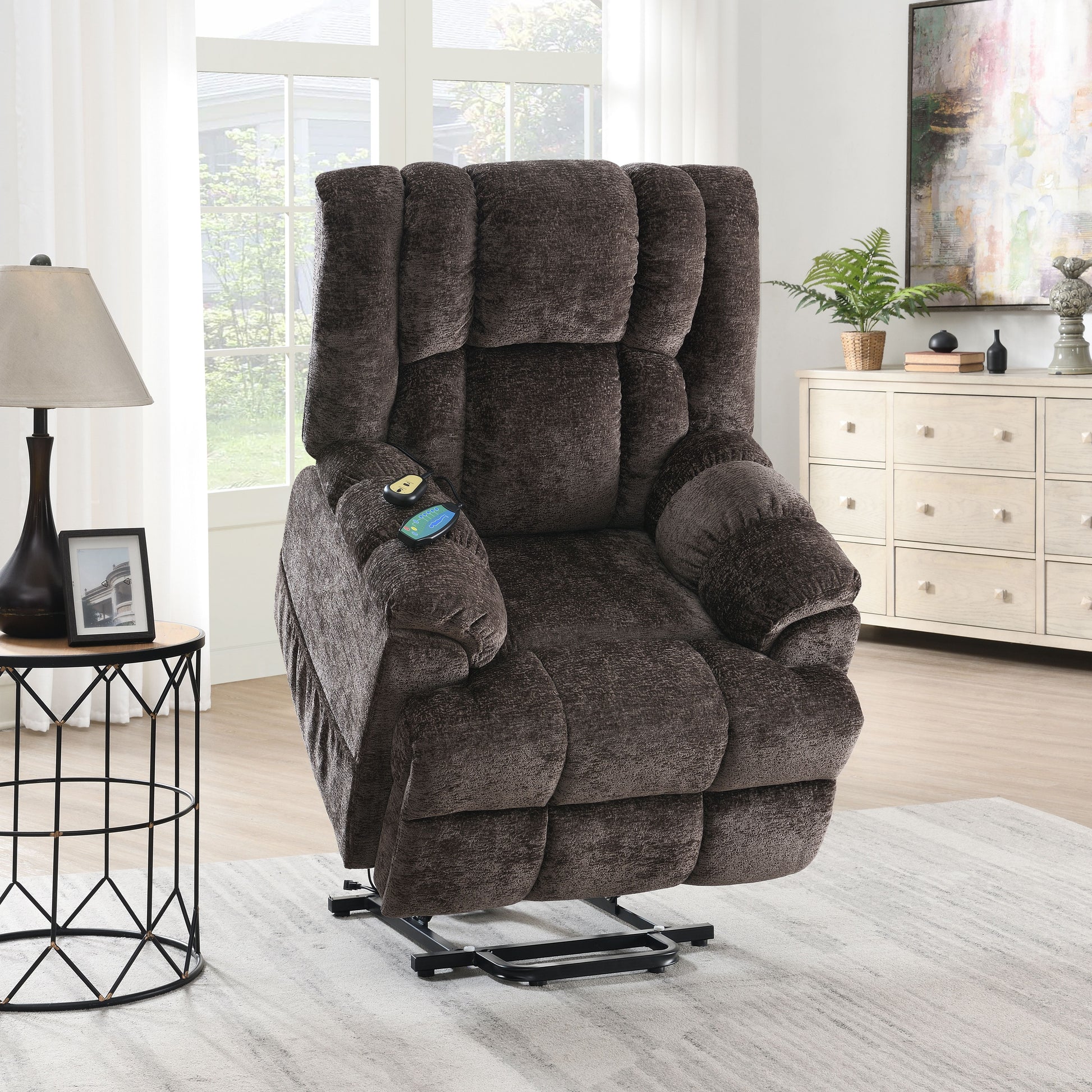 Pacay Brown Chenille Power Motion Recliner With Lift, Heating & Massage Function Brown Chenille