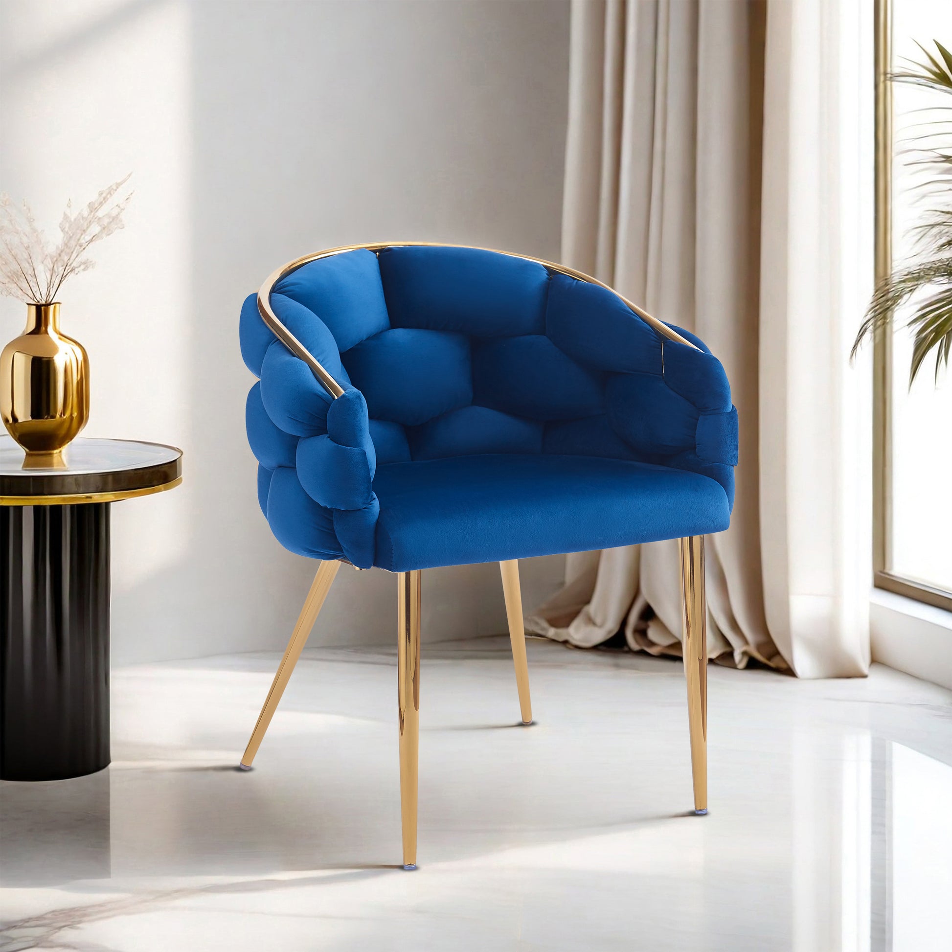 Set Of 2 Luxury Handmade Accent Chair With Gold Legs, Modern Velvet Armchair For Living Room And Bedroom Blue Foam Velvet