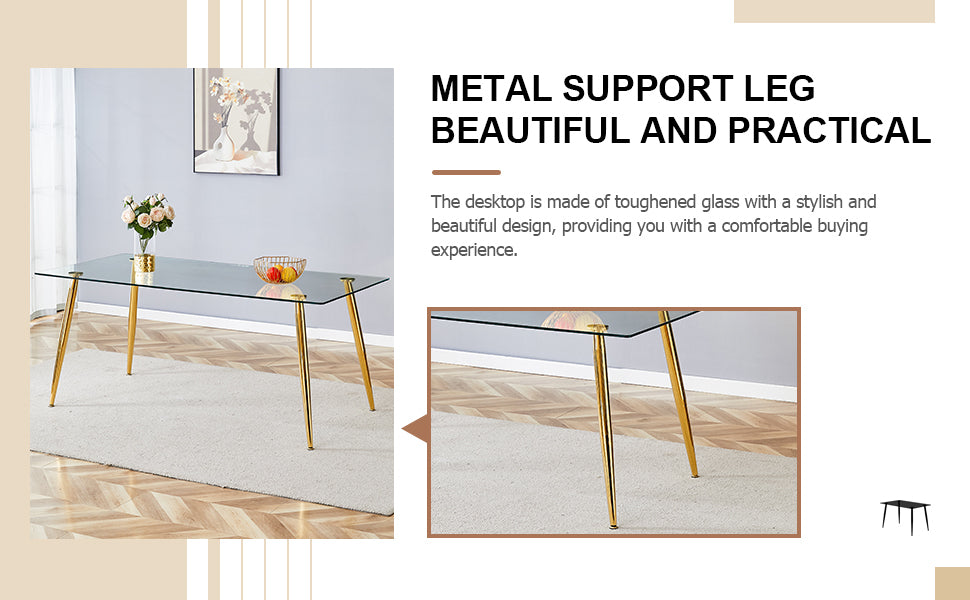 Table And Chair Set.Modern Rectangular Glass Dining Table With Tempered Glass Countertop And Golden Metal Legs, Paired With Multiple Transparent High Quality Pet Dining Chairs With Golden Legs. Gold Seats 6 Tempered Glass