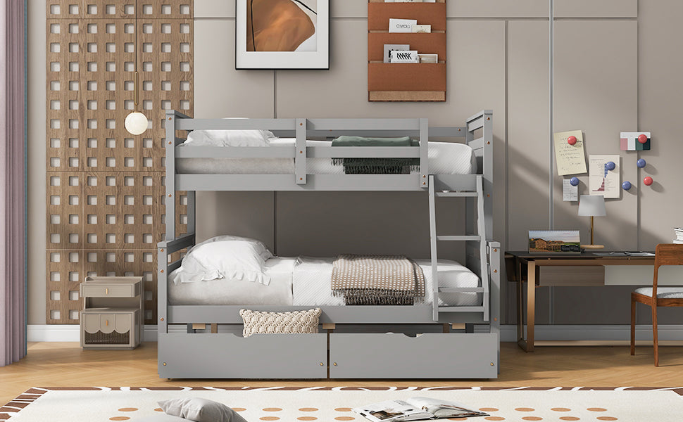 Twin Over Full Bunk Bed With Ladder, Two Storage Drawers, Safety Guardrail, Gray Box Spring Not Required Twin Gray Wood Bedroom Bunk Pine