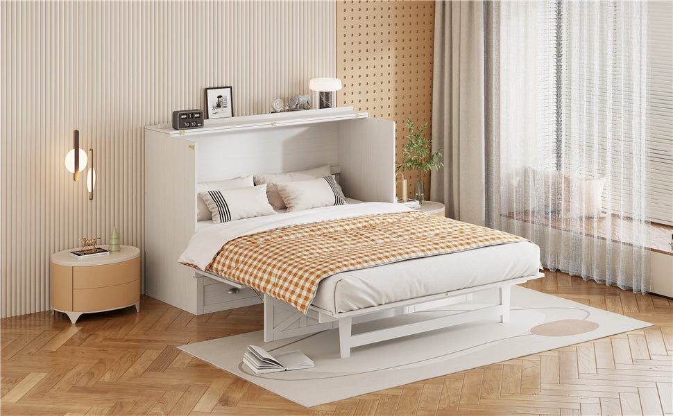 Full Size Murphy Bed With Large Drawers,Brushed White Full White Plywood