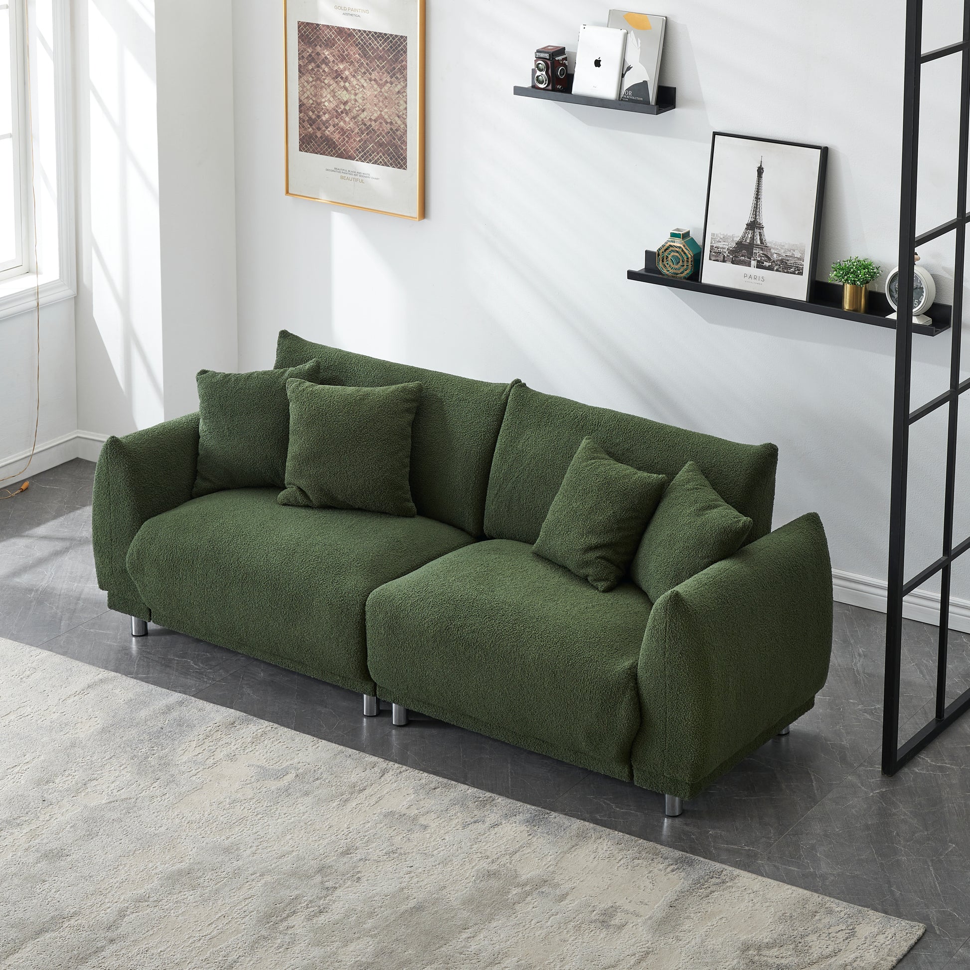 An 86.6 Inch Teddy Wool Black Sofa With Four Throw Pillows And Hardware Feet Makes It Comfortable To Sit In An Apartment Bedroom Without Taking Up Space Green Fabric 2 Seat